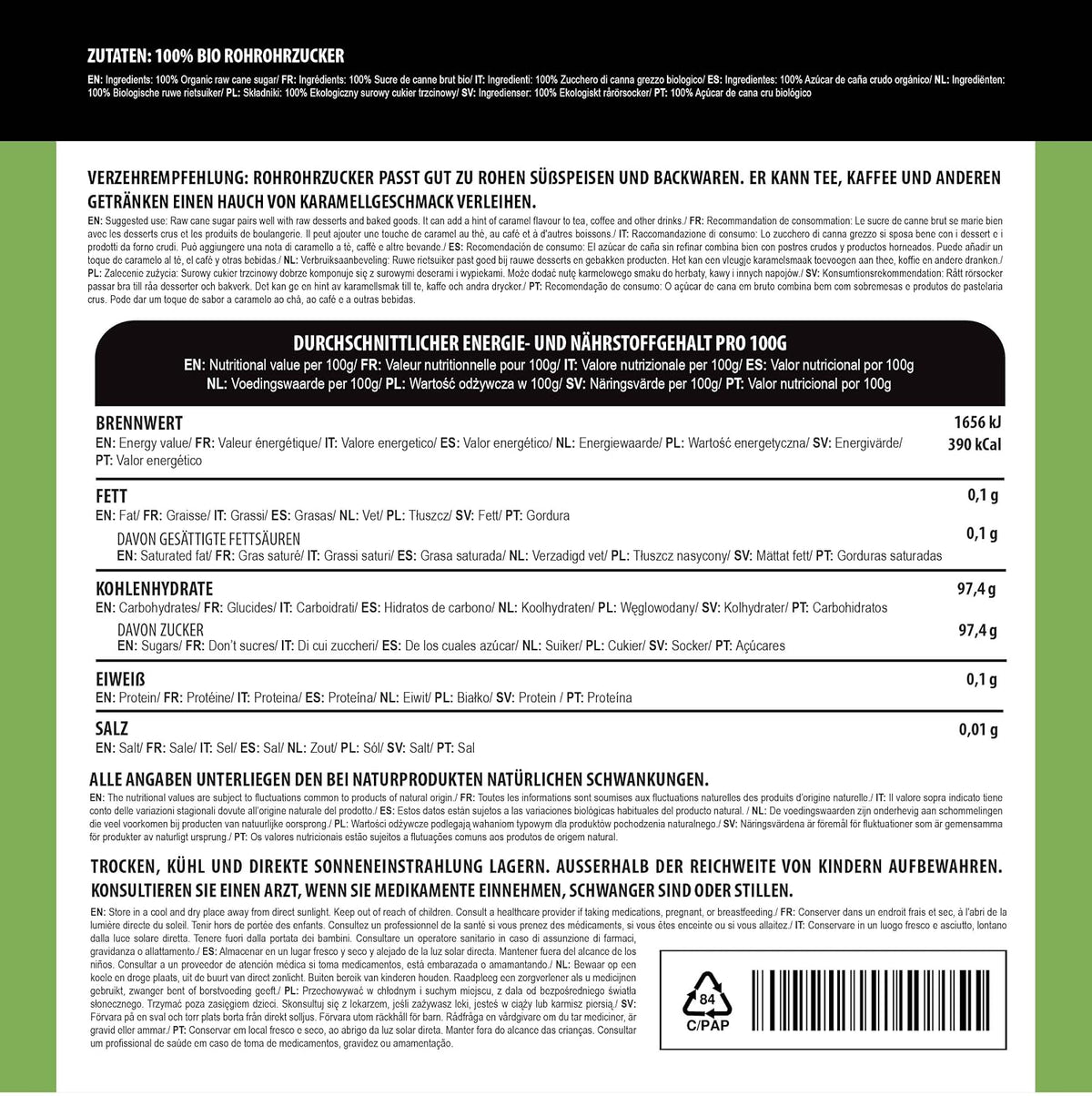Alpi Nature Rohrohrzucker BIO 500G, Rohrzucker Braun, Brauner Rohrzucker