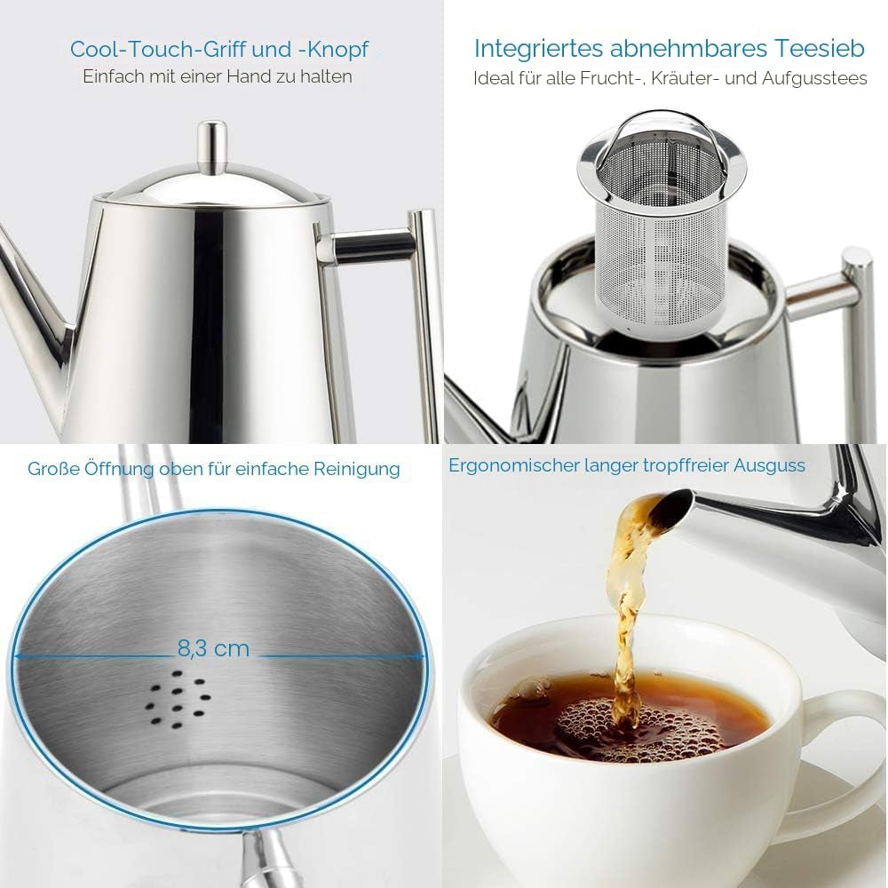 Easyworkz Teekanne Mit Siebeinsatz 1500Ml Edelstahl,Teebereiter Für Alle Früchte, Kräuter- Und Infusionstee