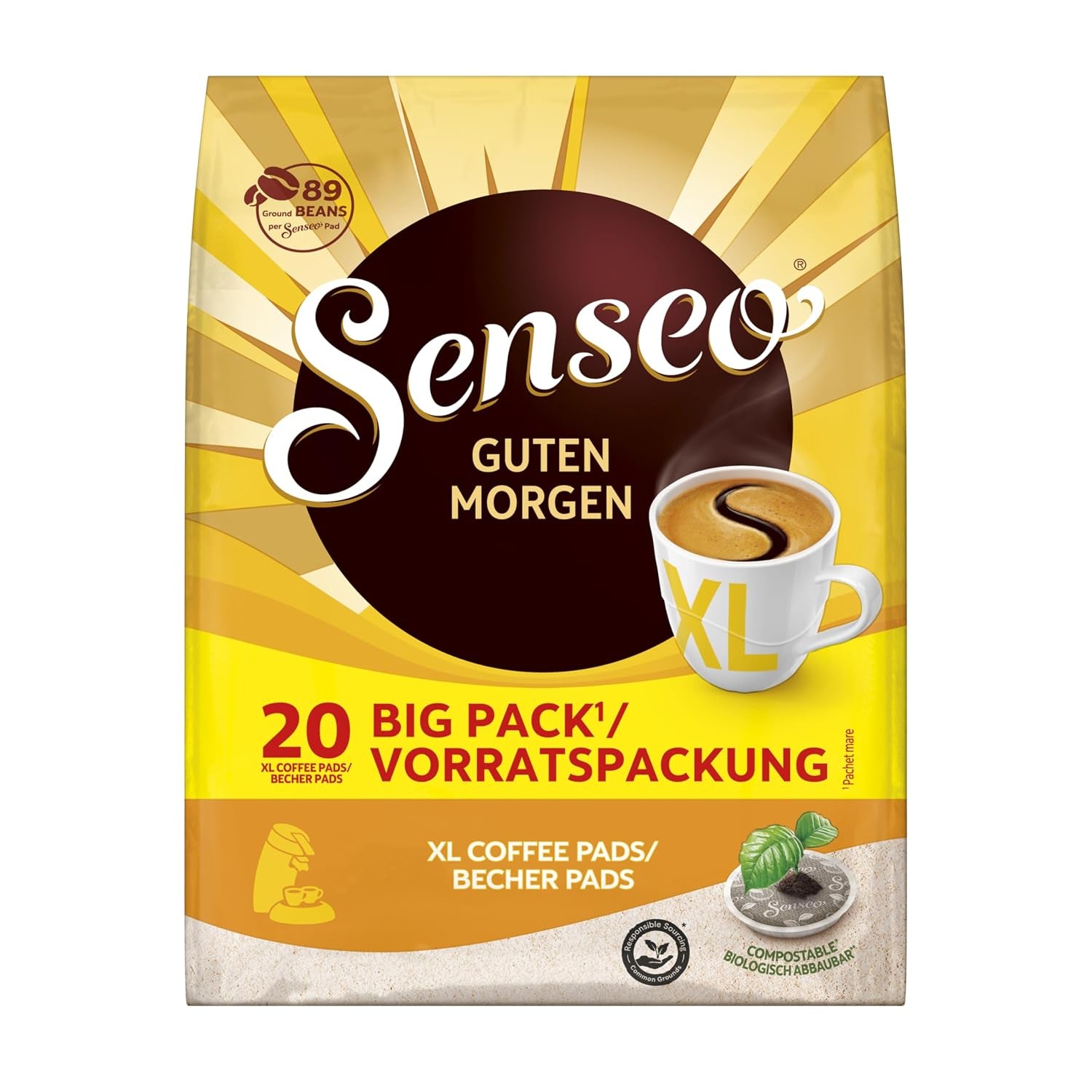 Senseo Pads Guten Morgen XL, Vorratspackung, 5 X 20 Getränke, 100 Kaffeepads, Kräftige Röstung