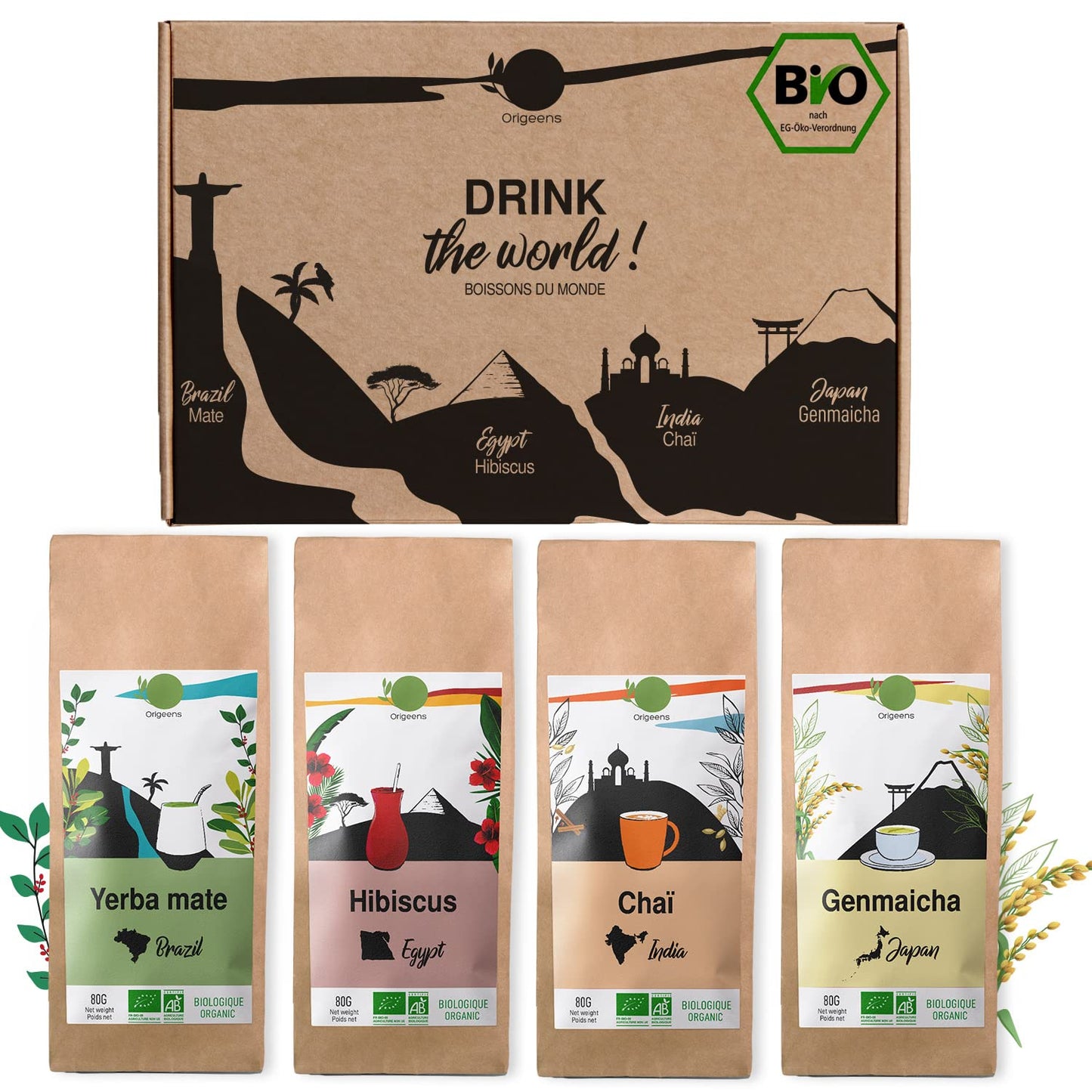 ORIGEENS BIO TEE GESCHENKSET „GETRÄNKE AUS ALLER WELT“ - Hibiskustee, Mate, Chai Tee, Genmaicha Grüntee - Tee Set 4X80G