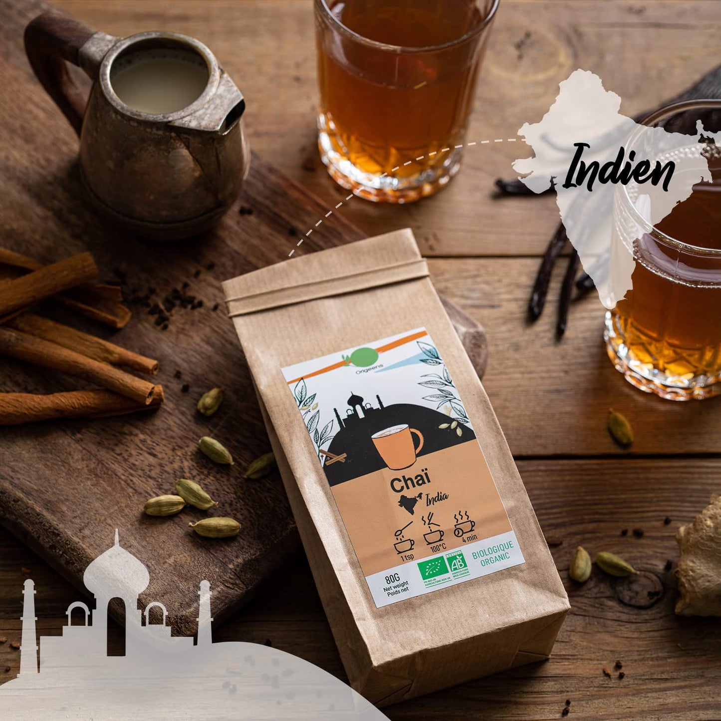 ORIGEENS BIO TEE GESCHENKSET „GETRÄNKE AUS ALLER WELT“ - Hibiskustee, Mate, Chai Tee, Genmaicha Grüntee - Tee Set 4X80G