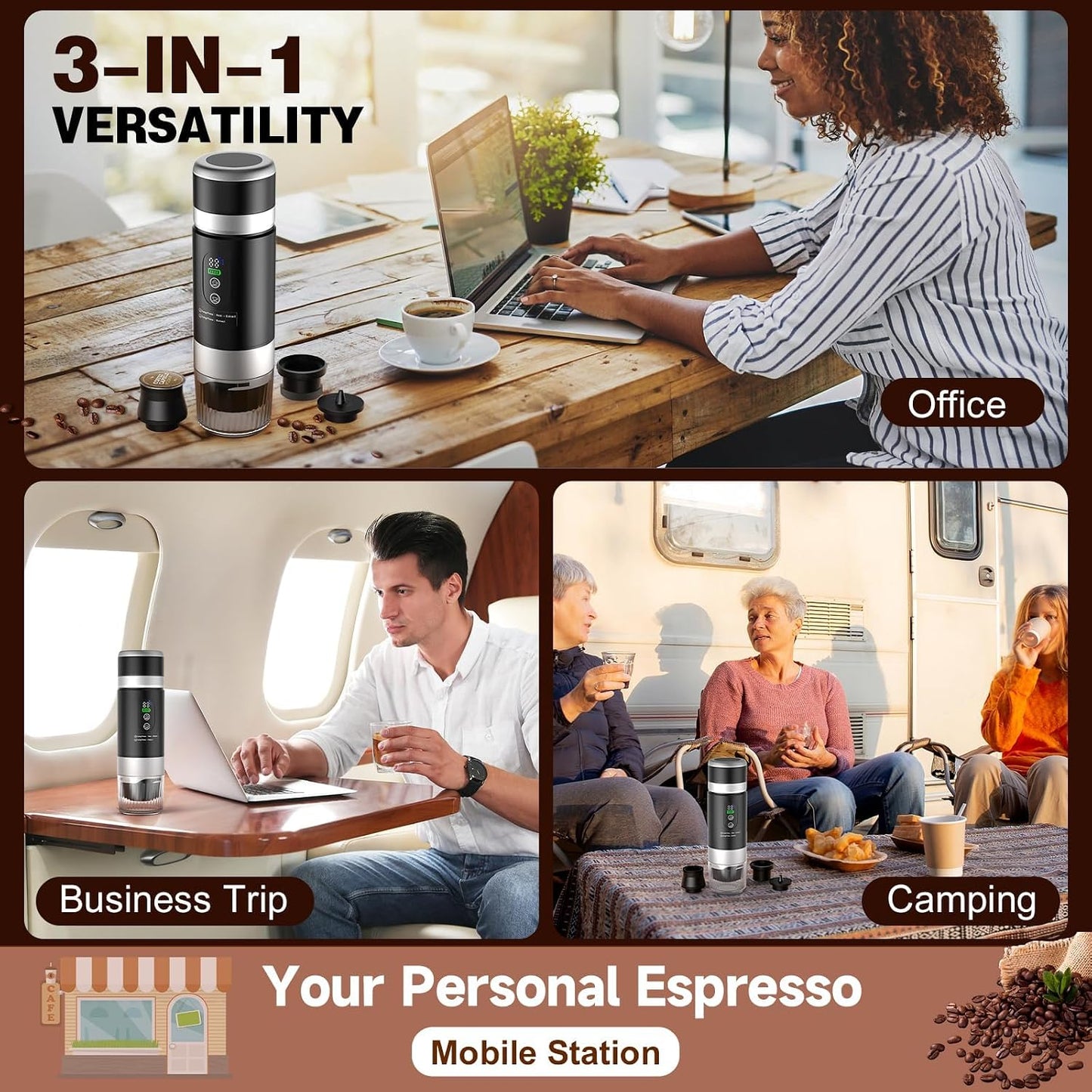 3 in 1 Akku Kaffeemaschine, Tragbare Kaffeemaschine Mit Herausnehmbarem Akku, Auto Kaffeemaschine Mit USB - C, Kompatibel Mit Kapsel Und Gemahlener Kaffee, Für Camping Und Wohnmobil Gadgets