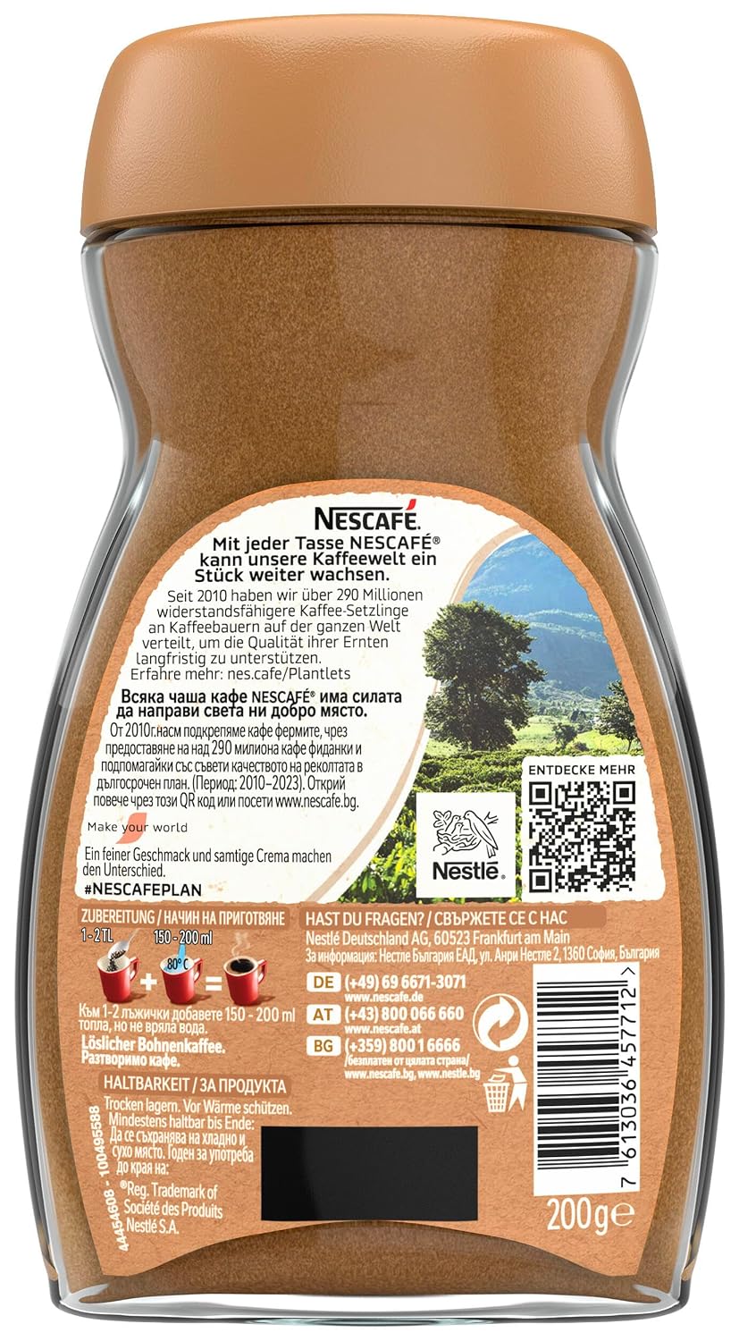 NESCAFE NESCAFÉ CLASSIC Crema, Löslicher Bohnenkaffee Aus Mitteldunkel Gerösteten Kaffeebohnen, Kräftiger Instant-Kaffee Mit Samtiger Crema, Koffeinhaltig, 1Er Pack, 200G