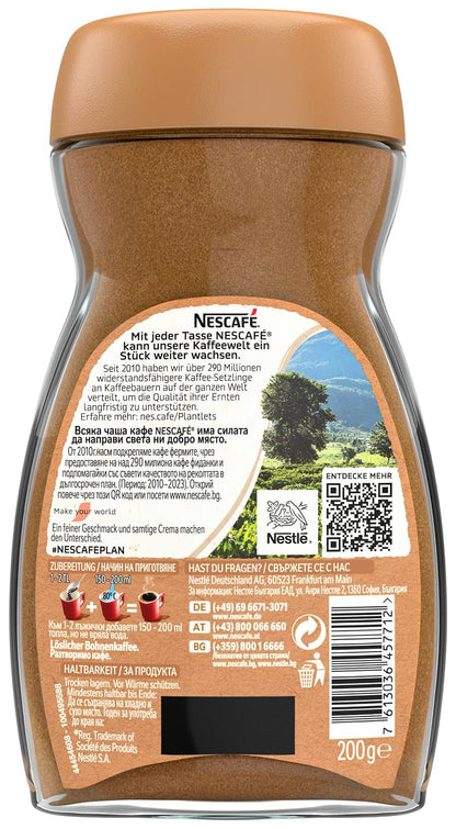 NESCAFE NESCAFÉ CLASSIC Crema, Löslicher Bohnenkaffee Aus Mitteldunkel Gerösteten Kaffeebohnen, Kräftiger Instant-Kaffee Mit Samtiger Crema, Koffeinhaltig, 1Er Pack, 200G