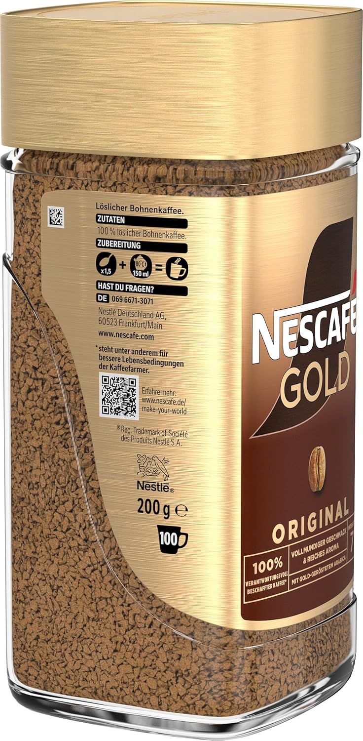 NESCAFÉ GOLD Original, Löslicher Bohnenkaffee, Instant-Kaffee Aus Erlesenen Kaffeebohnen, Koffeinhaltig, 1Er Pack (1X200G)