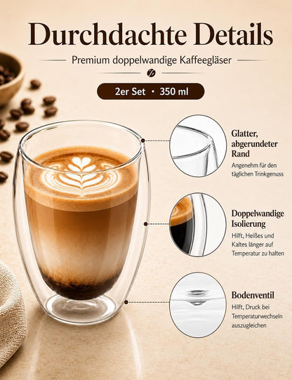 2Er Set 350 Ml Latte Macchiato Gläser Doppelwandig, Borosilikatglas | Doppelwandige Thermogläser & Kaffeegläser Für Espresso, Cappuccino, Tee, Milch, Bier, Saft, Heiße & Kalte Getränke