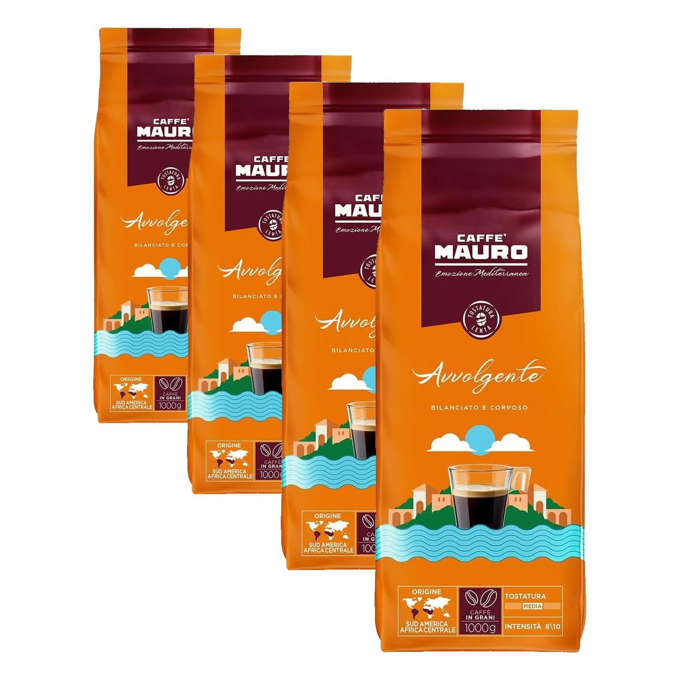 Caffè Mauro Torrefazione – Kaffeebohnen – 1 Kg – Avvolgente Mischung – Mittlere Röstung – Intensität 8/10 – Hergestellt in Italien – 1Kg Packung (Packung Mit 4)