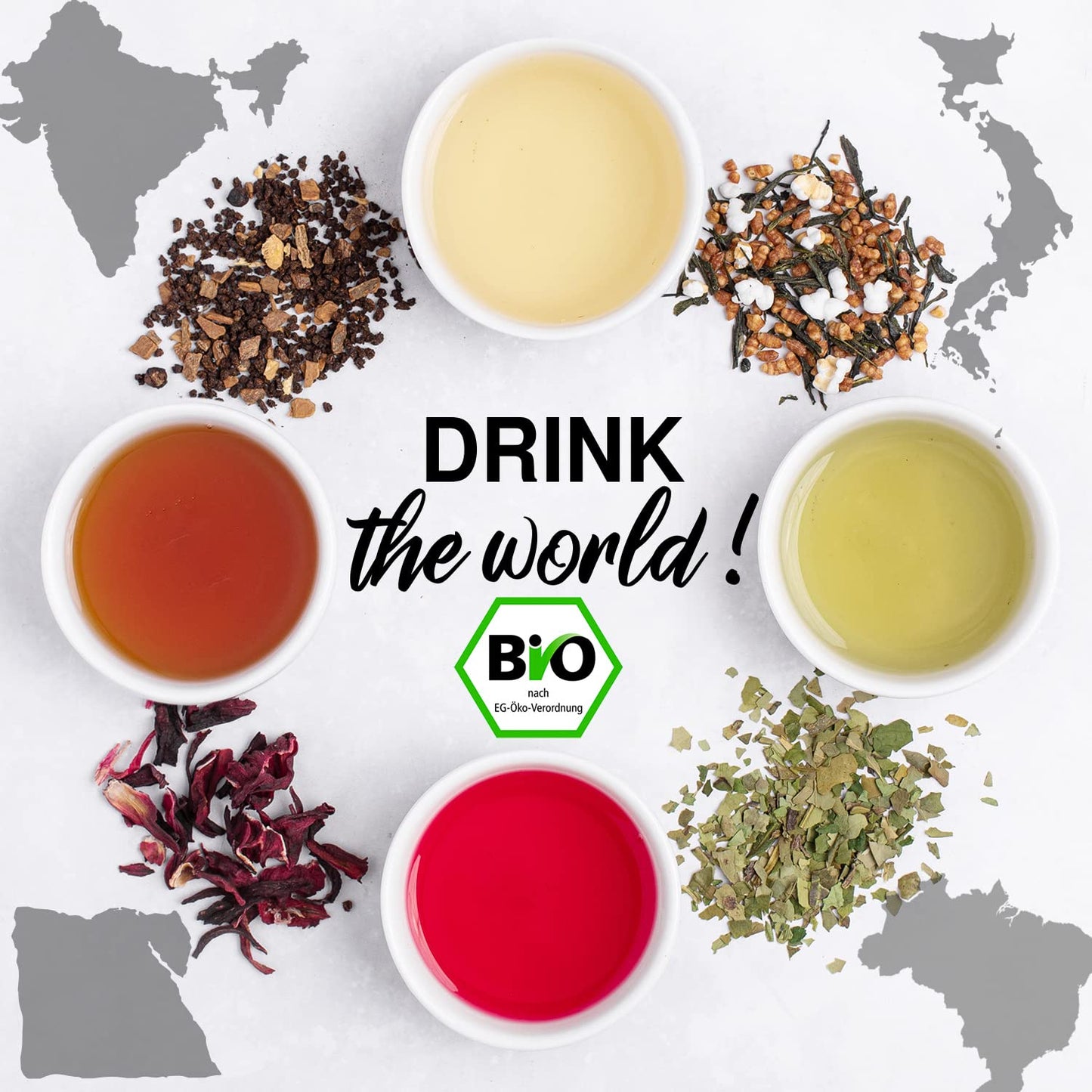 ORIGEENS BIO TEE GESCHENKSET „GETRÄNKE AUS ALLER WELT“ - Hibiskustee, Mate, Chai Tee, Genmaicha Grüntee - Tee Set 4X80G