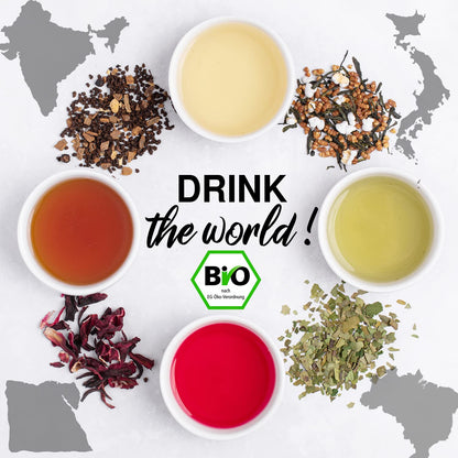 ORIGEENS BIO TEE GESCHENKSET „GETRÄNKE AUS ALLER WELT“ - Hibiskustee, Mate, Chai Tee, Genmaicha Grüntee - Tee Set 4X80G