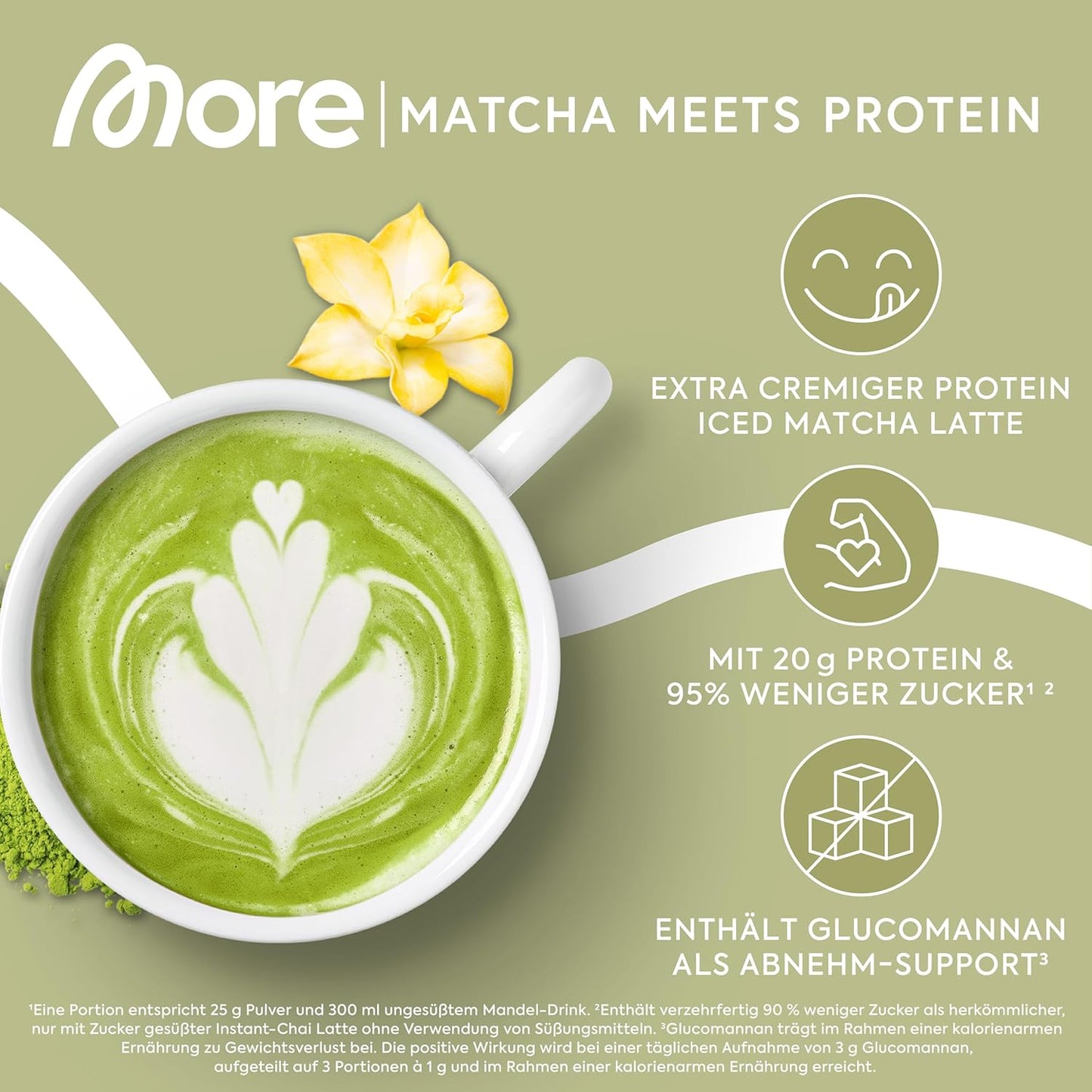 MORE Protein Iced Matcha Latte, 500G, Matcha Grünteepulver Mit Wertvollen Proteinen, Wenig Zucker Und Fett - Made in Germany