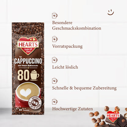 HEARTS Cappuccino Mit Feiner Kakaonote 10 X 1Kg Instant Kaffee Pulver Mit Schoko