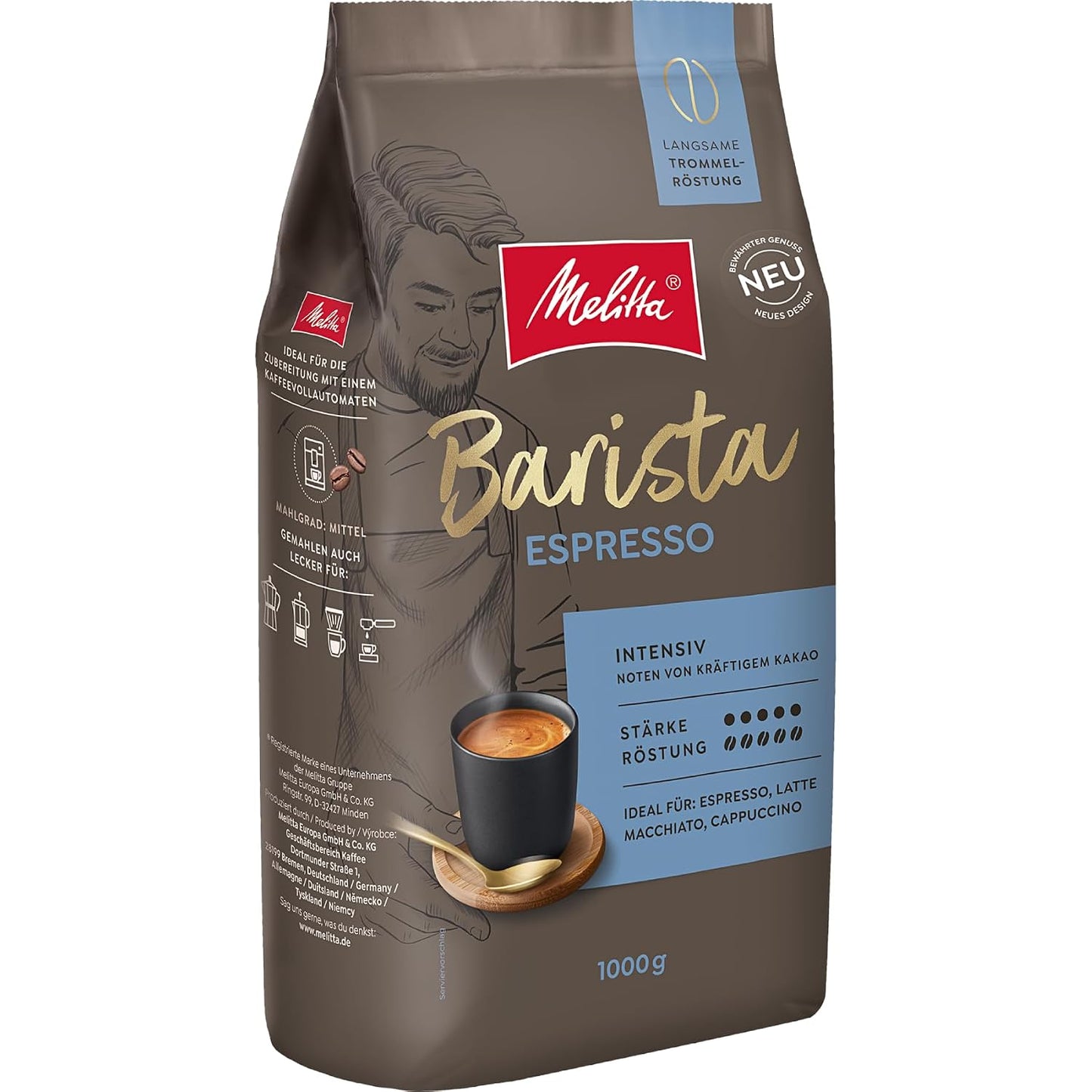 Melitta Barista Classic Espresso, Ganze Kaffee-Bohnen 1Kg, Ungemahlen, Kaffeebohnen Für Kaffee-Vollautomat, Kräftige Röstung, Stärke 5 (Packung Mit 2)