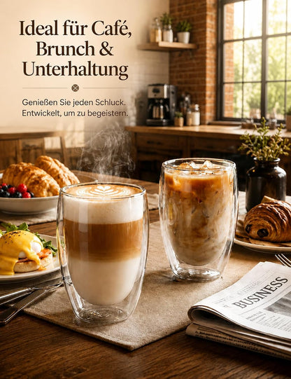 2Er Set 350 Ml Latte Macchiato Gläser Doppelwandig, Borosilikatglas | Doppelwandige Thermogläser & Kaffeegläser Für Espresso, Cappuccino, Tee, Milch, Bier, Saft, Heiße & Kalte Getränke