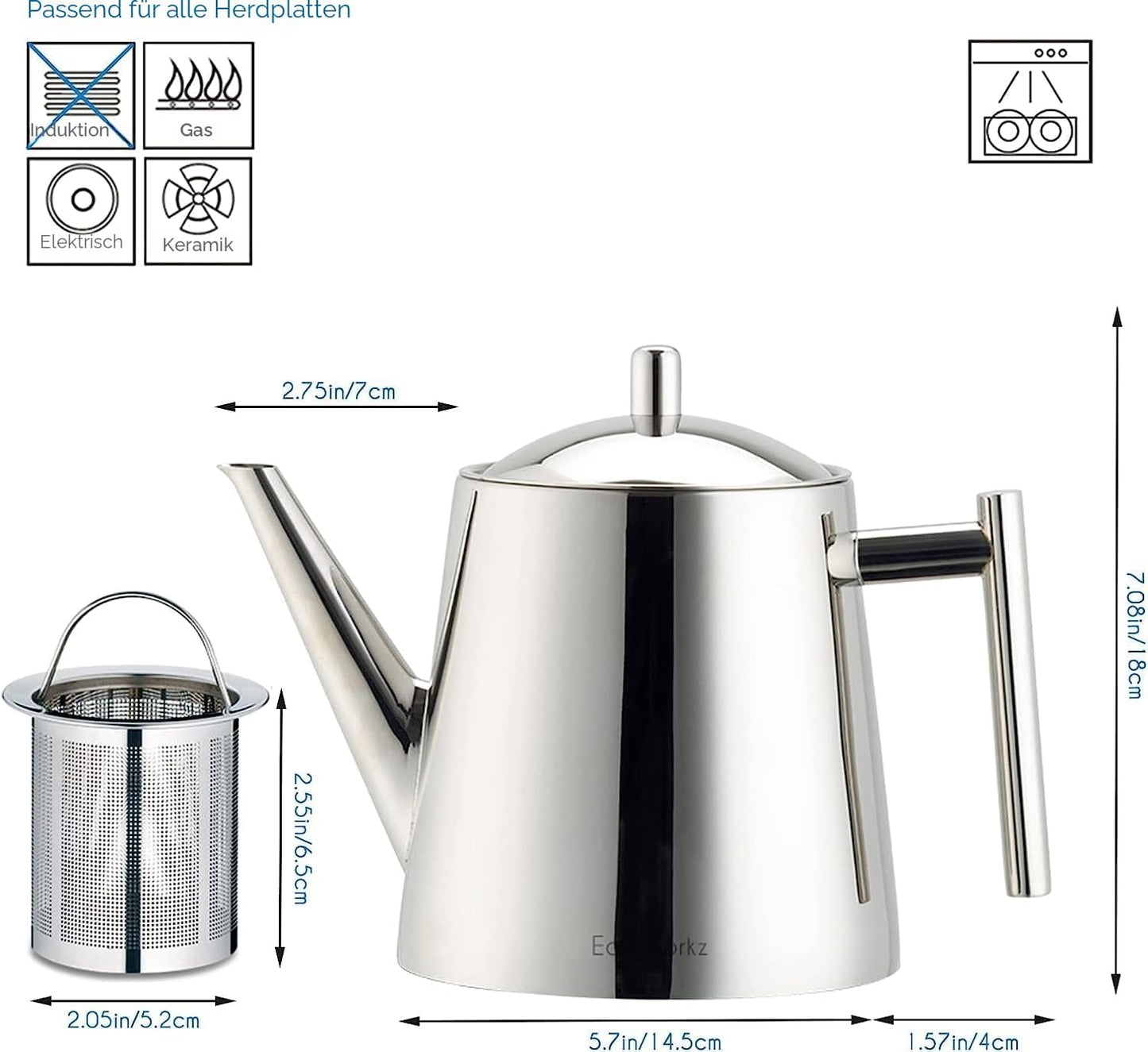 Easyworkz Teekanne Mit Siebeinsatz 1500Ml Edelstahl,Teebereiter Für Alle Früchte, Kräuter- Und Infusionstee