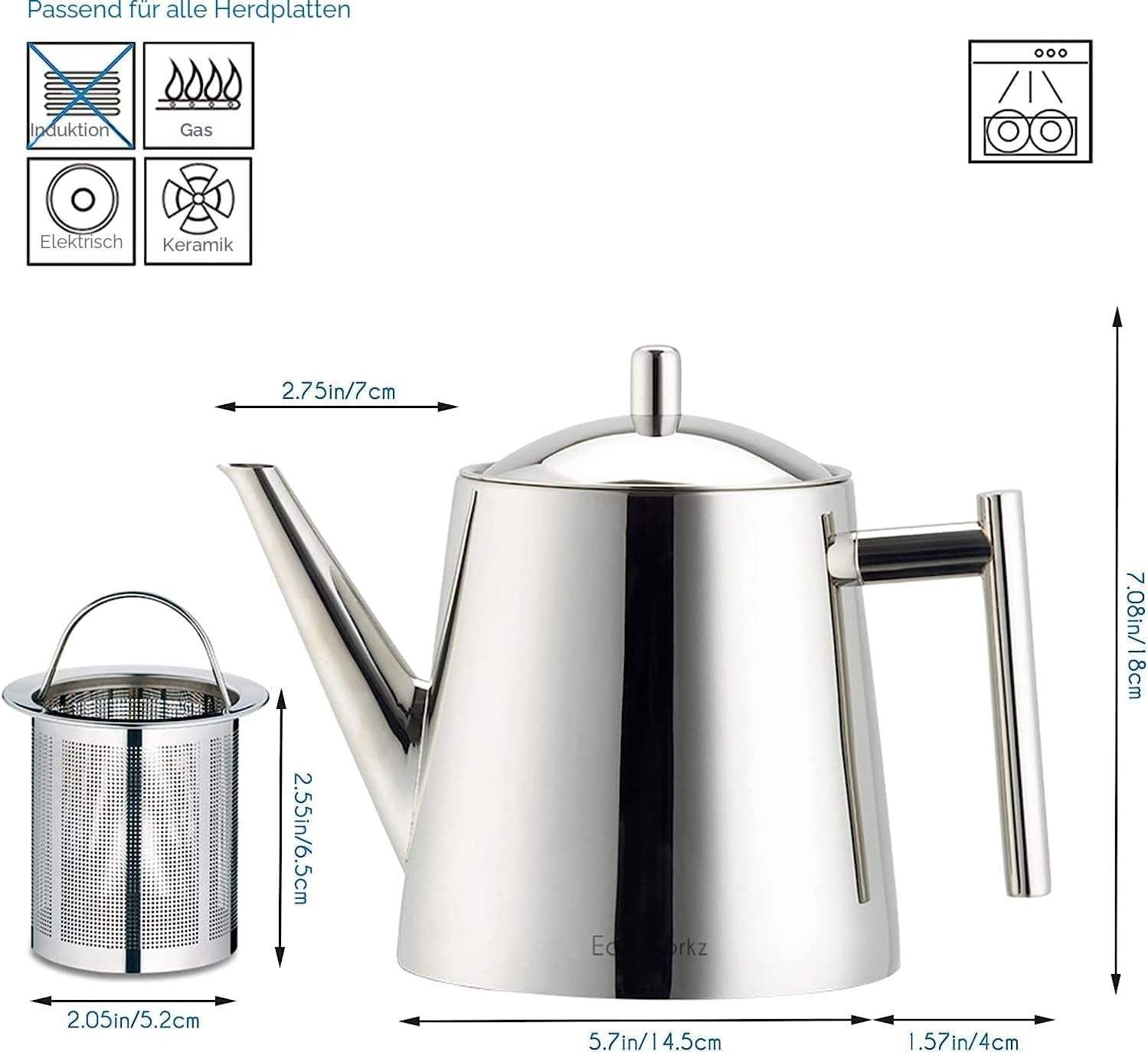 Easyworkz Teekanne Mit Siebeinsatz 1500Ml Edelstahl,Teebereiter Für Alle Früchte, Kräuter- Und Infusionstee