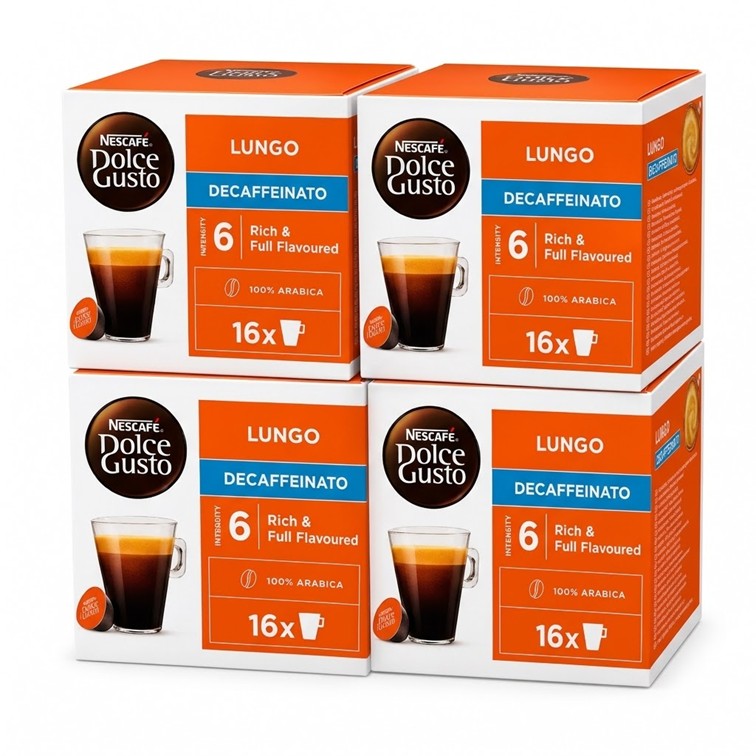 NESCAFÉ Dolce Gusto Lungo Decaffeinato Kaffeekapseln – Entkoffeinierter Arabica Kaffee, 4 x 16 Kapseln
