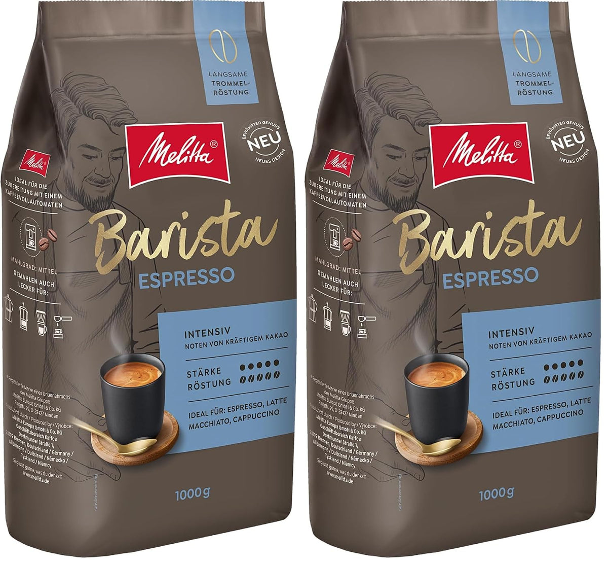 Melitta Barista Classic Espresso, Ganze Kaffee-Bohnen 1Kg, Ungemahlen, Kaffeebohnen Für Kaffee-Vollautomat, Kräftige Röstung, Stärke 5 (Packung Mit 2)