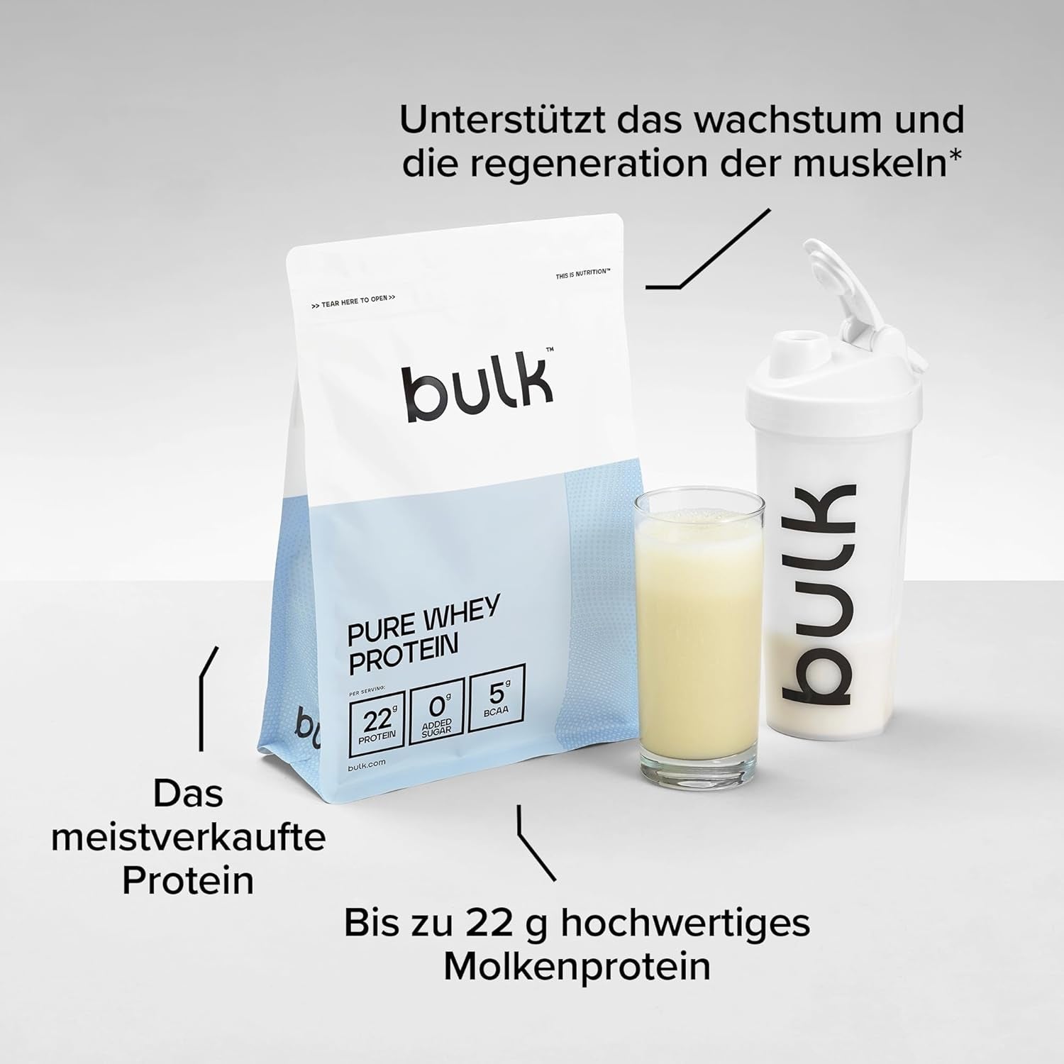 Bulk Pure Whey Protein Pulver | Eiskaffee Latte | 22G Protein & 5G Bcaas Pro Portion | Whey Shake | Wenig Zucker | Unterstützt Muskelaufbau & Regeneration | Leicht Mischbar | Vegetarisch | 1Kg