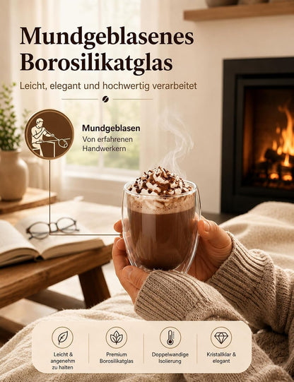 2Er Set 350 Ml Latte Macchiato Gläser Doppelwandig, Borosilikatglas | Doppelwandige Thermogläser & Kaffeegläser Für Espresso, Cappuccino, Tee, Milch, Bier, Saft, Heiße & Kalte Getränke