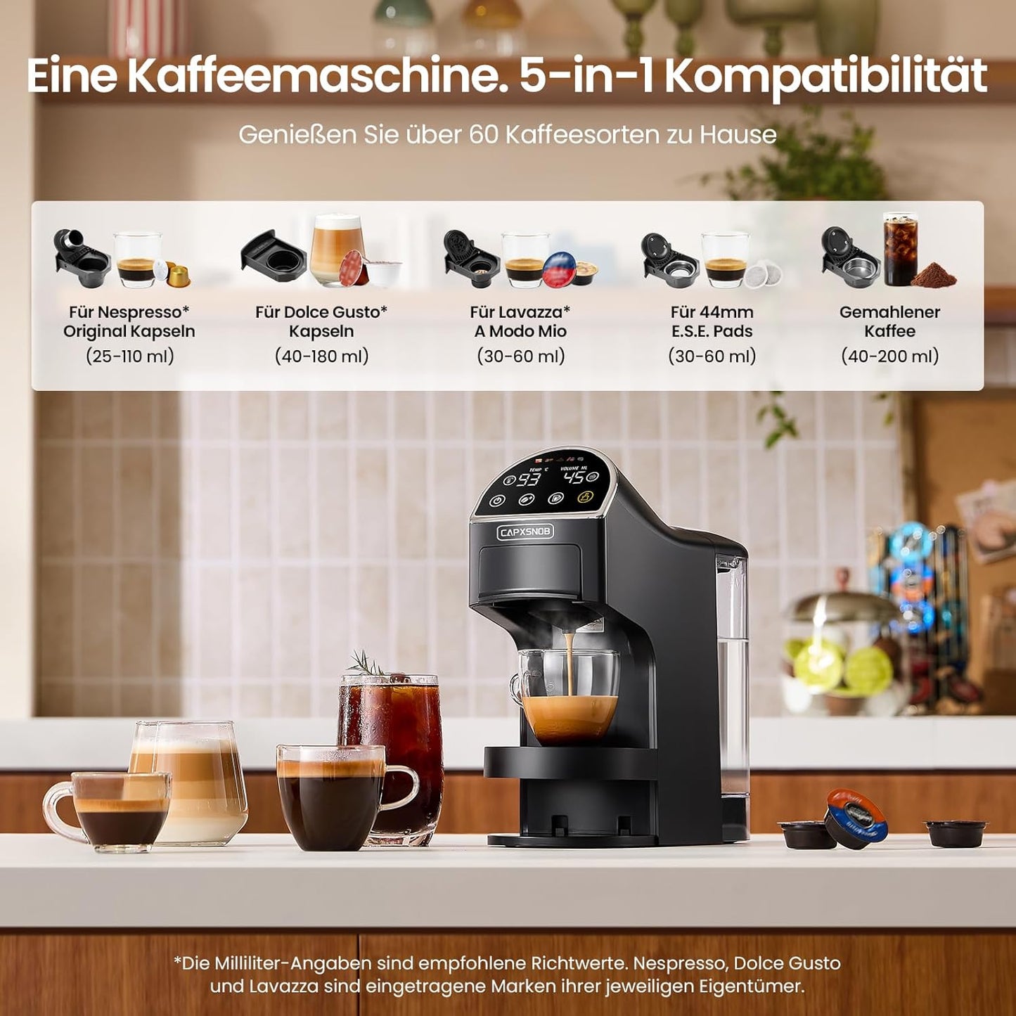 Magician2 5 in 1 Kapselmaschine Für Nespresso, Dolce Gusto, Lavazza a Modo Mio, ESE 44 Pads Und Kaffeepulver, 20 Bars, 1400W, 1,2 L, Led-Display, Espressomaschine | Kaffeemaschine Für Zuhause Und Büro