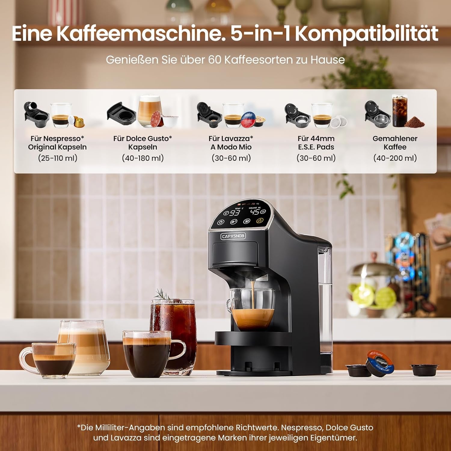 Magician2 5 in 1 Kapselmaschine Für Nespresso, Dolce Gusto, Lavazza a Modo Mio, ESE 44 Pads Und Kaffeepulver, 20 Bars, 1400W, 1,2 L, Led-Display, Espressomaschine | Kaffeemaschine Für Zuhause Und Büro