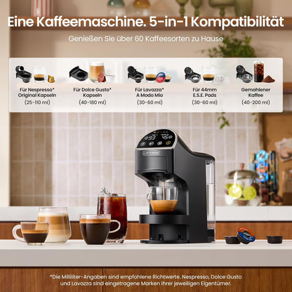 Magician2 5 in 1 Kapselmaschine Für Nespresso, Dolce Gusto, Lavazza a Modo Mio, ESE 44 Pads Und Kaffeepulver, 20 Bars, 1400W, 1,2 L, Led-Display, Espressomaschine | Kaffeemaschine Für Zuhause Und Büro