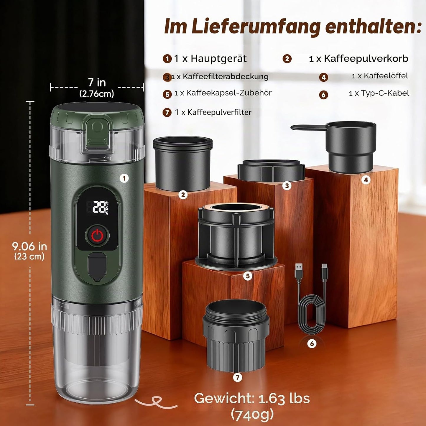 2-In-1Tragbare Kaffeemaschine Mit 7650 Mah Akku, 20 BAR Druck, Heiß-/Kalt-Extraktion, Für Kapseln & Gemahlenen Kaffee, Tragbar Für Büro, Reisen & Camping (Grün)