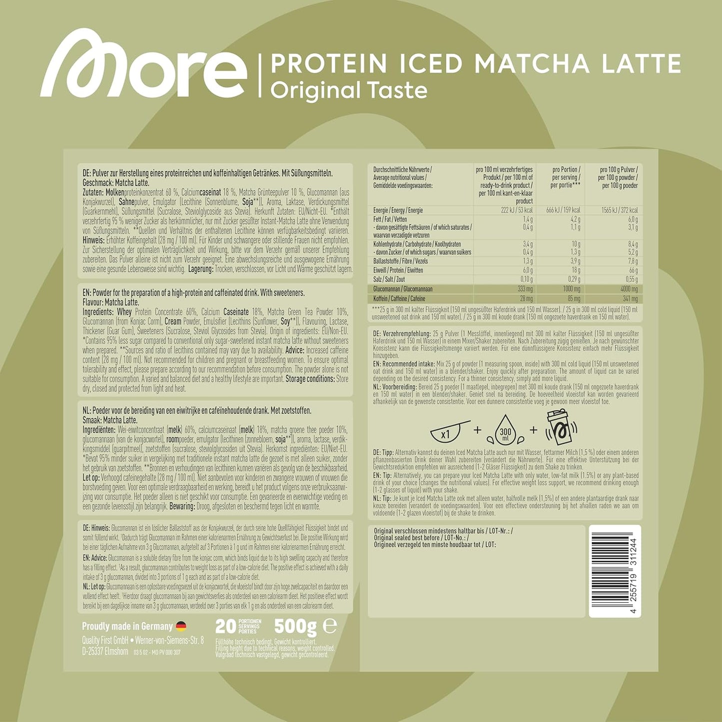 MORE Protein Iced Matcha Latte, 500G, Matcha Grünteepulver Mit Wertvollen Proteinen, Wenig Zucker Und Fett - Made in Germany