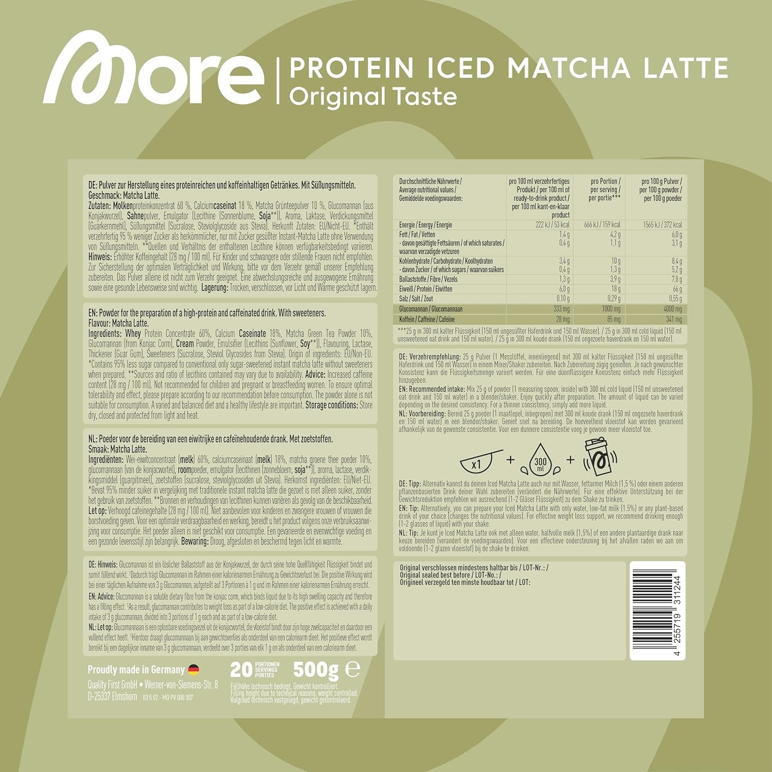 MORE Protein Iced Matcha Latte, 500G, Matcha Grünteepulver Mit Wertvollen Proteinen, Wenig Zucker Und Fett - Made in Germany
