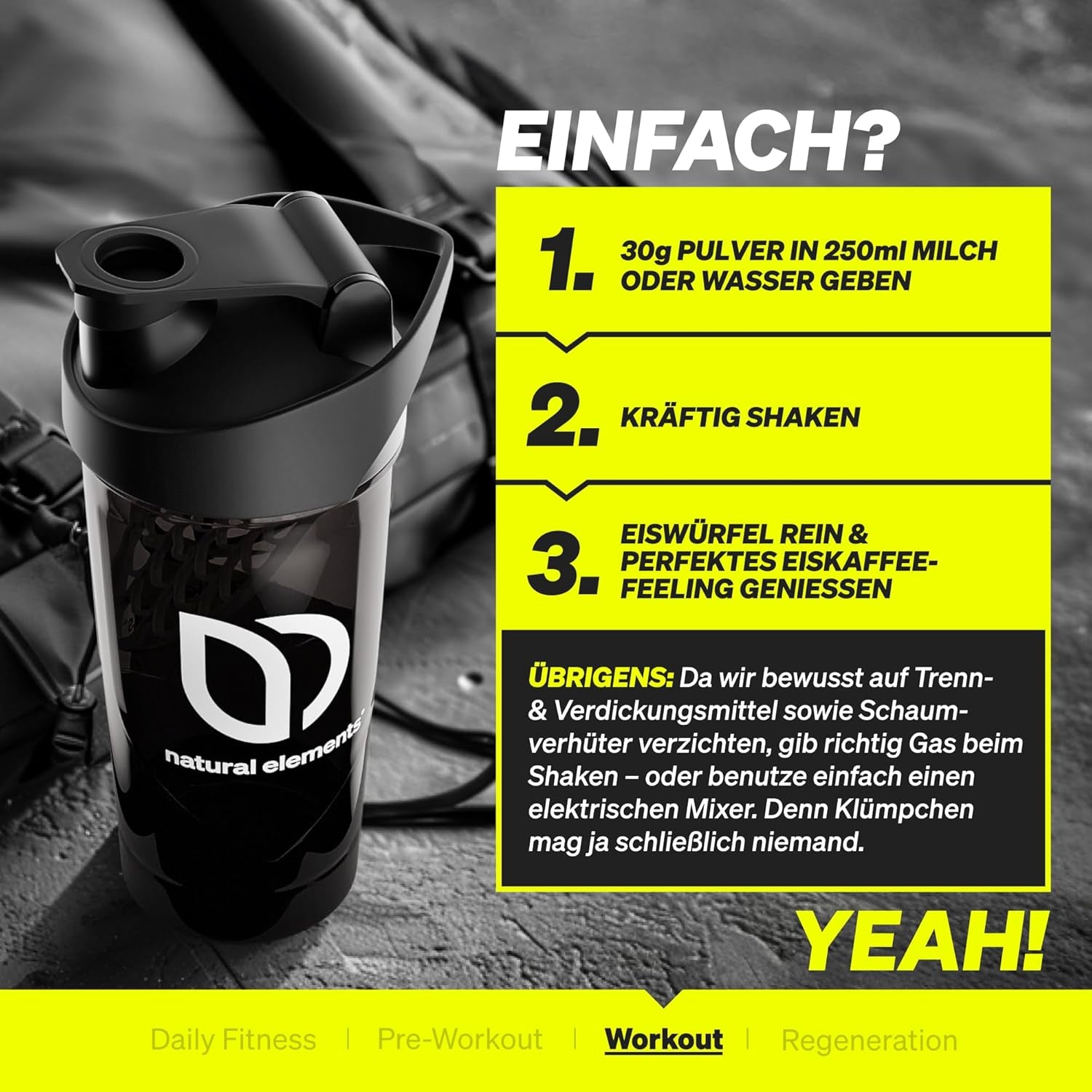 Natural Elements Whey Protein Pulver – Eiskaffee – 1Kg – 23G Protein Und 2,5G Kaffee-Extrakt Pro Portion – Für Deinen Muskelaufbau, Hochdosiert – in Deutschland Produziert & Laborgeprüft