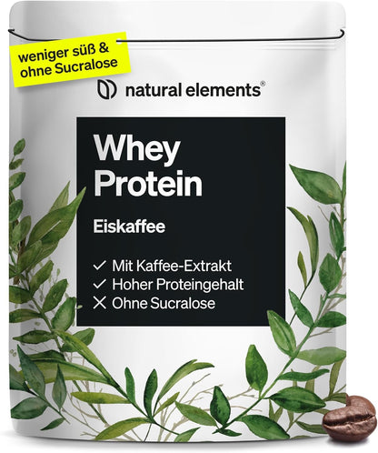 Natural Elements Whey Protein Pulver – Eiskaffee – 1Kg – 23G Protein Und 2,5G Kaffee-Extrakt Pro Portion – Für Deinen Muskelaufbau, Hochdosiert – in Deutschland Produziert & Laborgeprüft