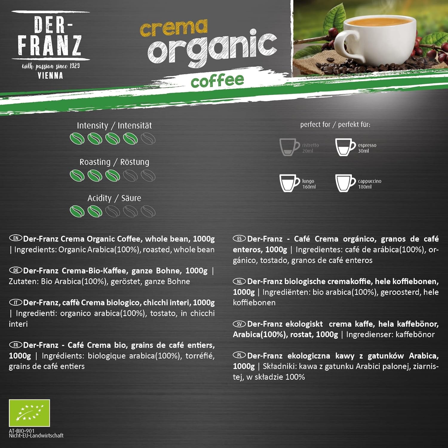 Der-Franz Crema Bio Kaffee, Ganze Bohne, 1000 G
