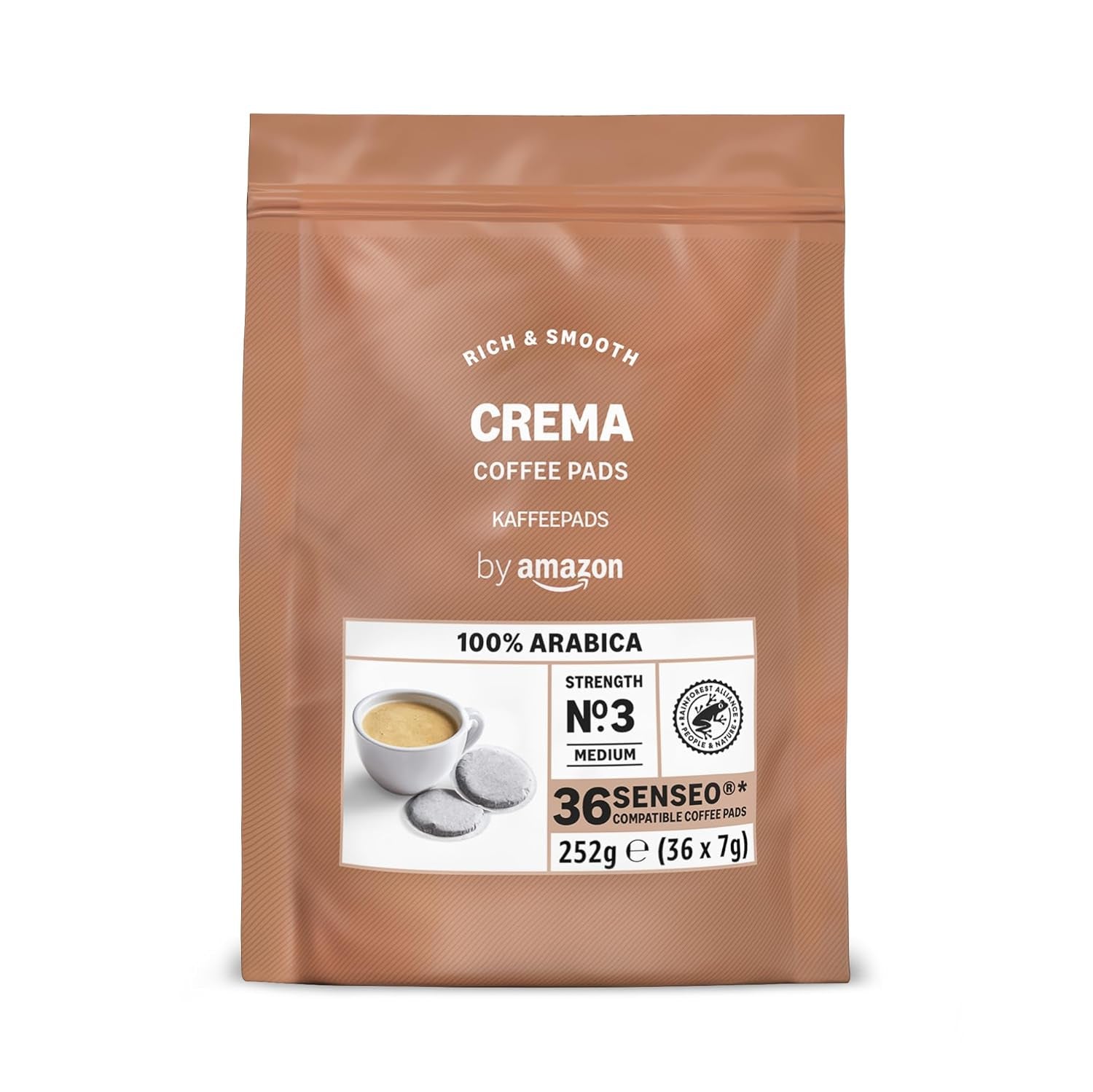 By Amazon Crema 100% Arabica-Kaffeepads, Geeignet Für Senseo-Maschinen, 36 Stück (1 Packung Mit 36 Stück) – Rainforest Alliance-Zertifiziert
