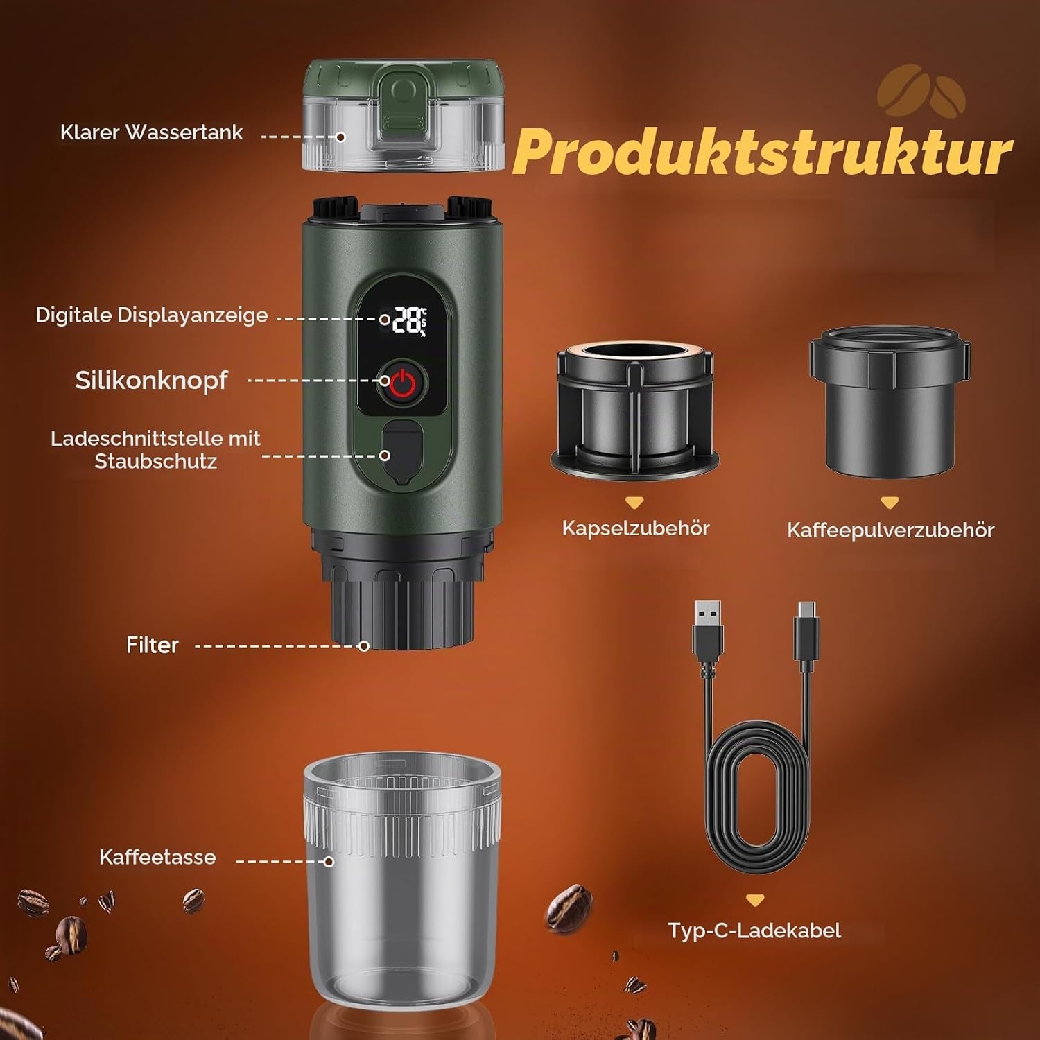 2-In-1Tragbare Kaffeemaschine Mit 7650 Mah Akku, 20 BAR Druck, Heiß-/Kalt-Extraktion, Für Kapseln & Gemahlenen Kaffee, Tragbar Für Büro, Reisen & Camping (Grün)