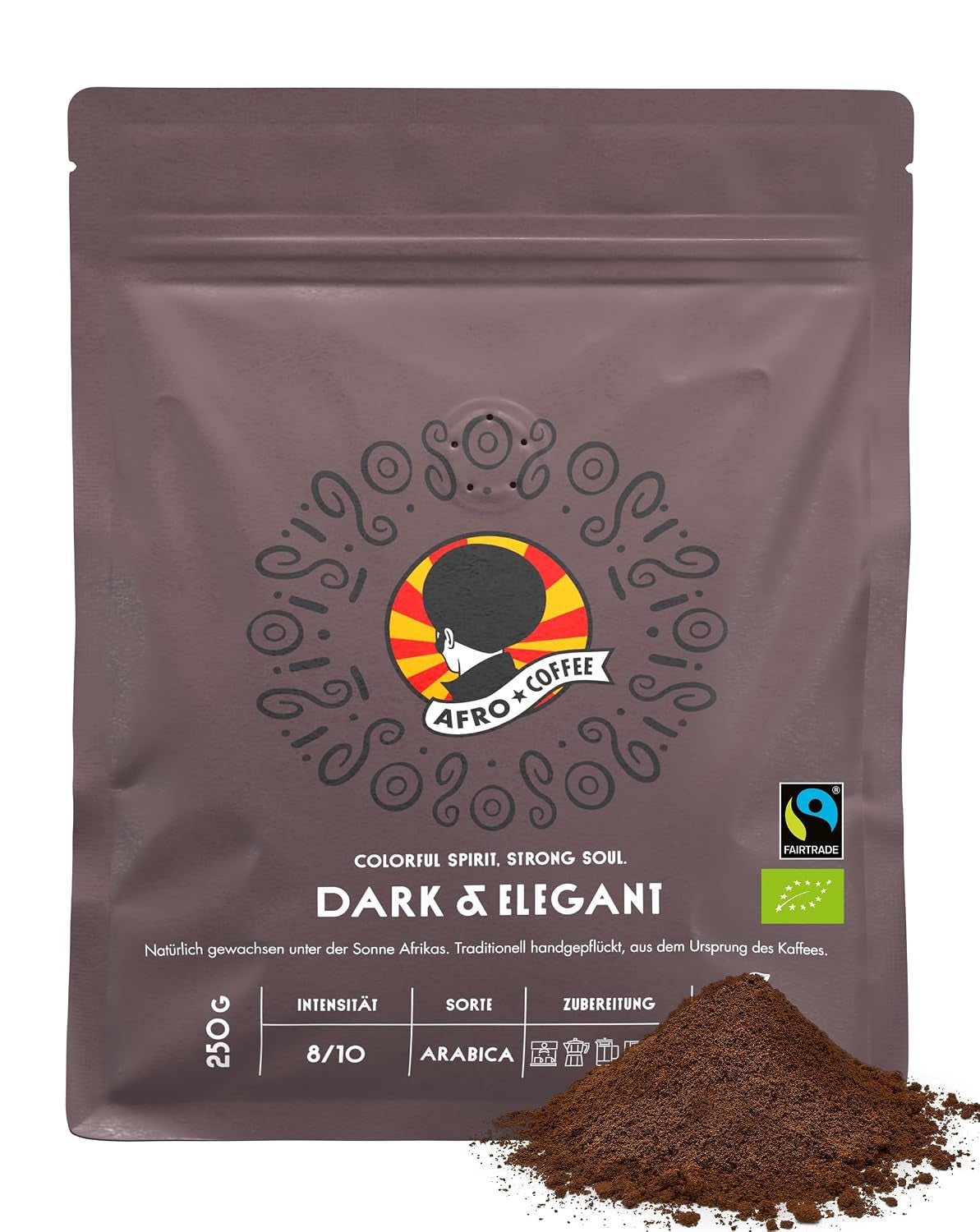 AFRO COFFEE Bio Kaffee Gemahlen 6x250g – Fairtrade, Arabica & Robusta, Dunkle Röstung