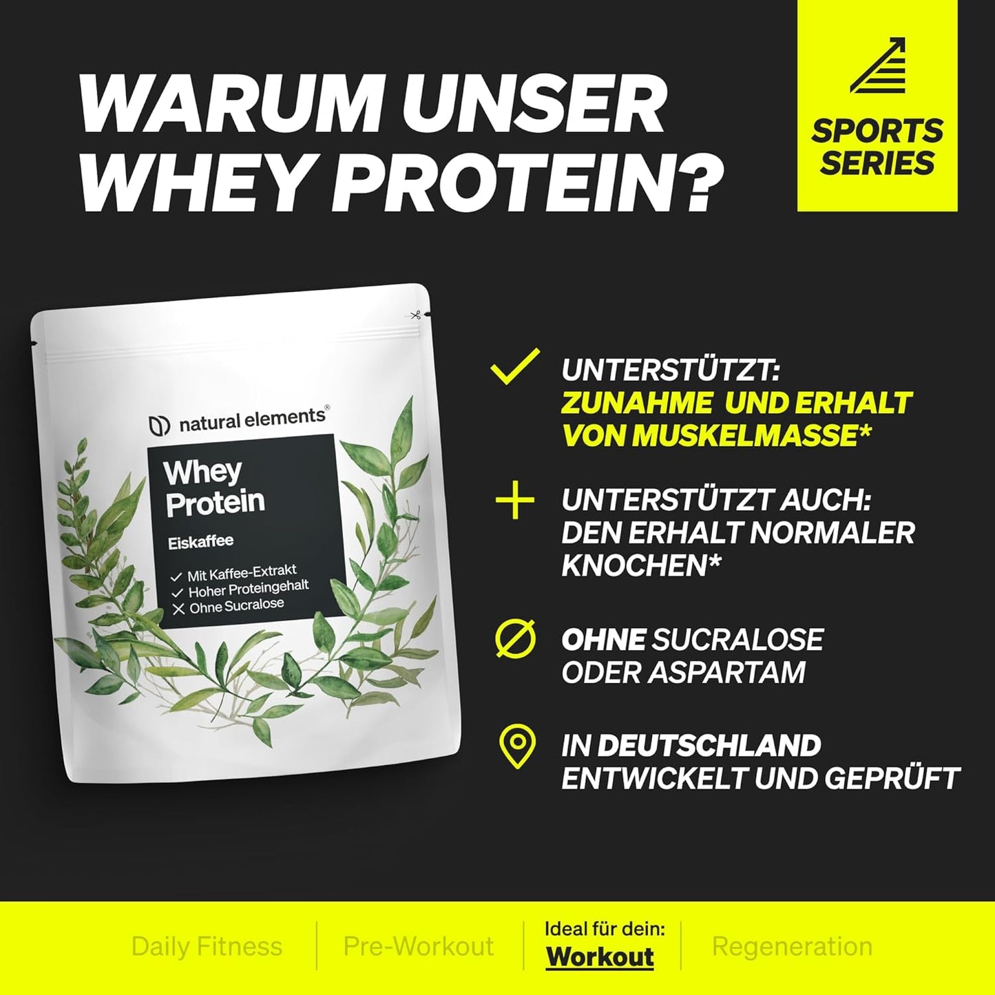 Natural Elements Whey Protein Pulver – Eiskaffee – 1Kg – 23G Protein Und 2,5G Kaffee-Extrakt Pro Portion – Für Deinen Muskelaufbau, Hochdosiert – in Deutschland Produziert & Laborgeprüft
