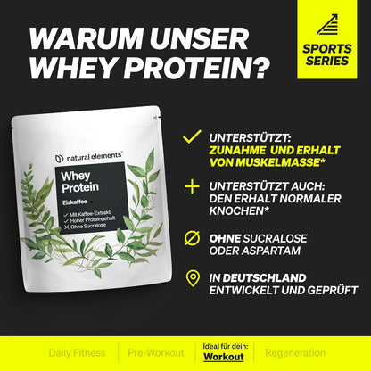 Natural Elements Whey Protein Pulver – Eiskaffee – 1Kg – 23G Protein Und 2,5G Kaffee-Extrakt Pro Portion – Für Deinen Muskelaufbau, Hochdosiert – in Deutschland Produziert & Laborgeprüft