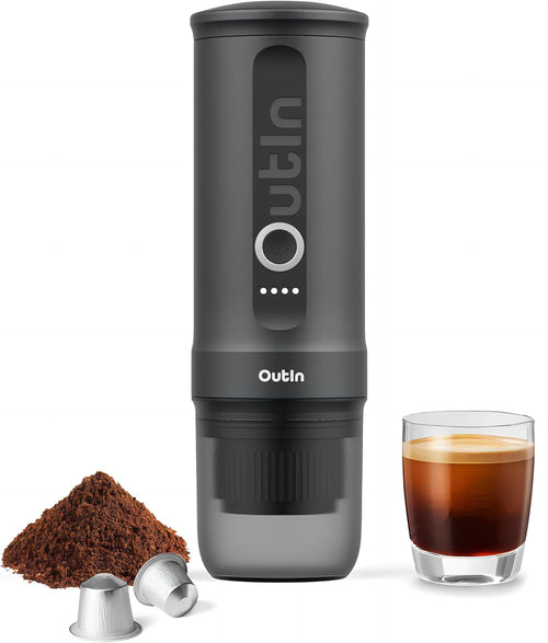 Outin Nano Tragbare Elektrische Espressomaschine Mit USB-C, Space Grey | Usb-C-Selbsterhitzung, Für Kaffeepulver Und Ns-Kapseln, Kompakt Für Reise, Camping Und Büro