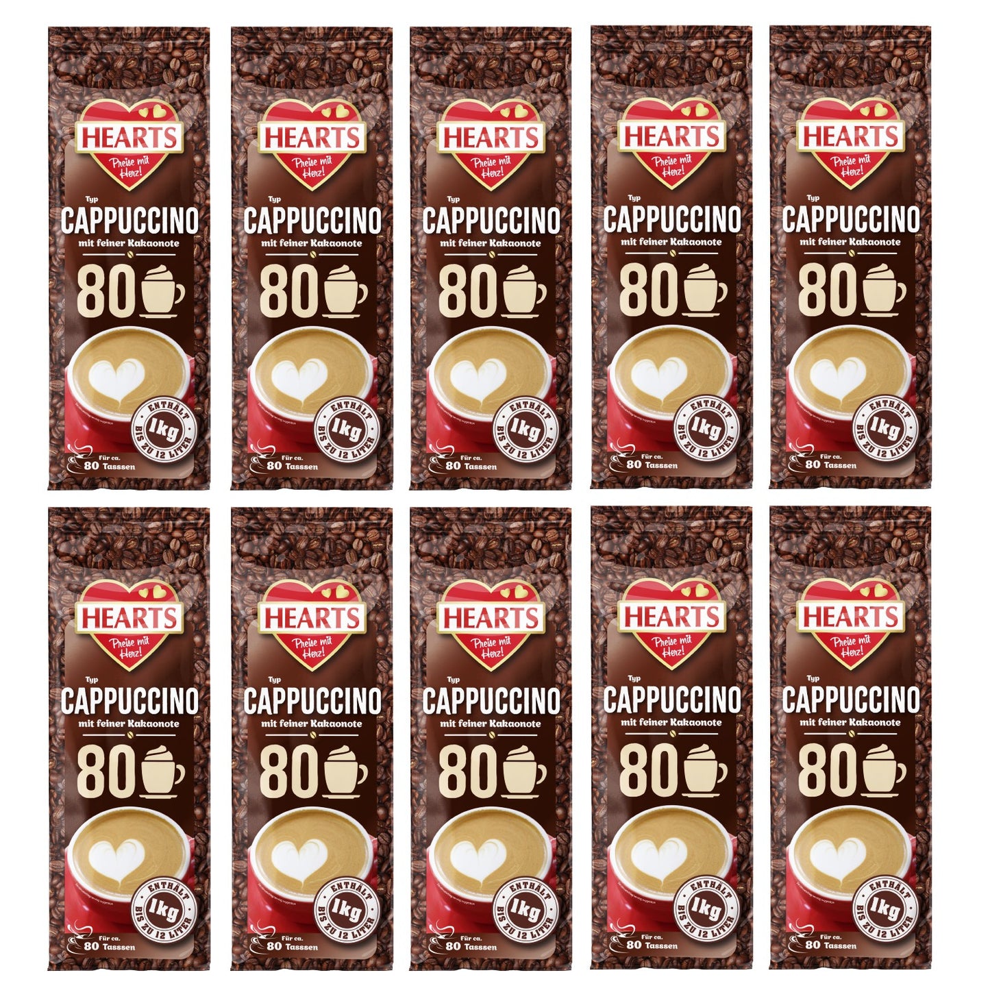 HEARTS Cappuccino Mit Feiner Kakaonote 10 X 1Kg Instant Kaffee Pulver Mit Schoko