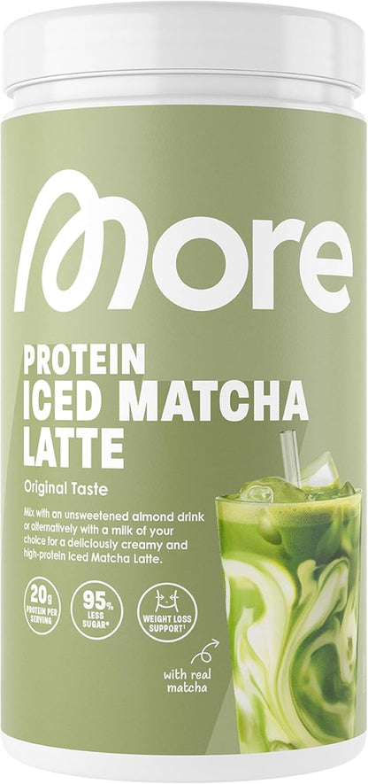MORE Protein Iced Matcha Latte, 500G, Matcha Grünteepulver Mit Wertvollen Proteinen, Wenig Zucker Und Fett - Made in Germany