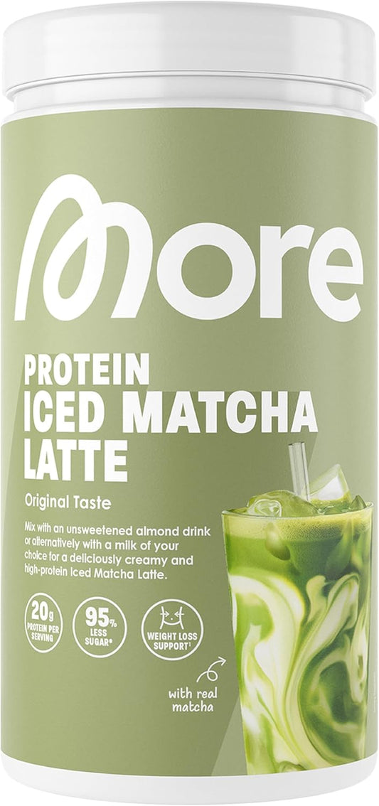 MORE Protein Iced Matcha Latte, 500G, Matcha Grünteepulver Mit Wertvollen Proteinen, Wenig Zucker Und Fett - Made in Germany