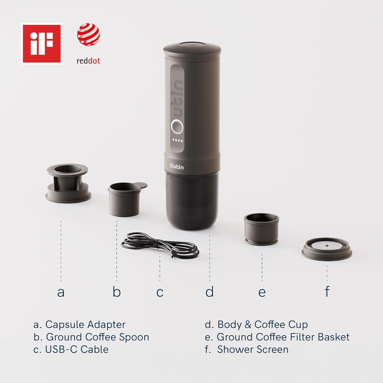 Outin Nano Tragbare Elektrische Espressomaschine Mit USB-C, Space Grey | Usb-C-Selbsterhitzung, Für Kaffeepulver Und Ns-Kapseln, Kompakt Für Reise, Camping Und Büro