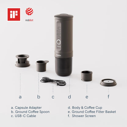 Outin Nano Tragbare Elektrische Espressomaschine Mit USB-C, Space Grey | Usb-C-Selbsterhitzung, Für Kaffeepulver Und Ns-Kapseln, Kompakt Für Reise, Camping Und Büro