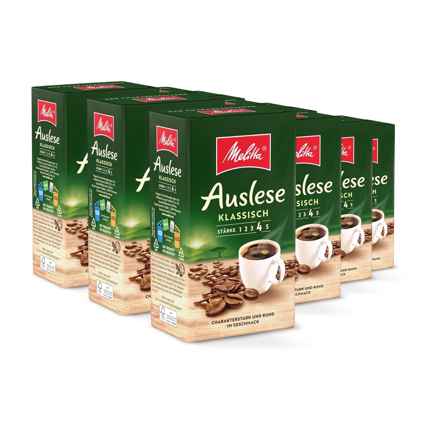 Melitta Auslese Filter-Kaffee 12 X 500G, Gemahlen, Pulver Für Filterkaffeemaschinen, Starke Röstung, Geröstet in Deutschland, Im Tray