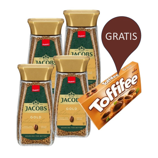JACOBS Gold Löskaffee – 4 x 200 g Gläser + Schokoladen als Geschenk